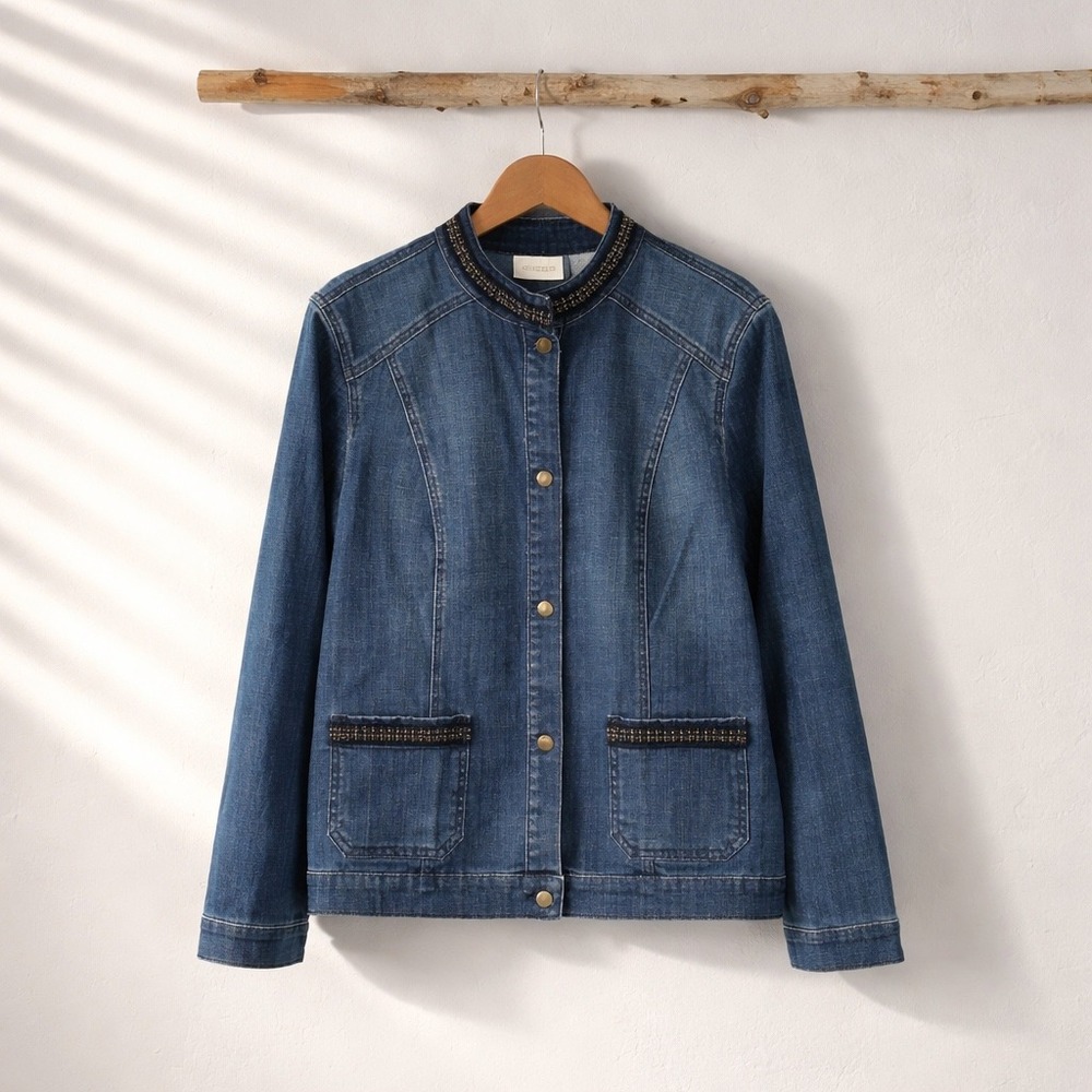 Chico's Denim Jacket Black Gold Trim Medium Wash Blue Size 2 L